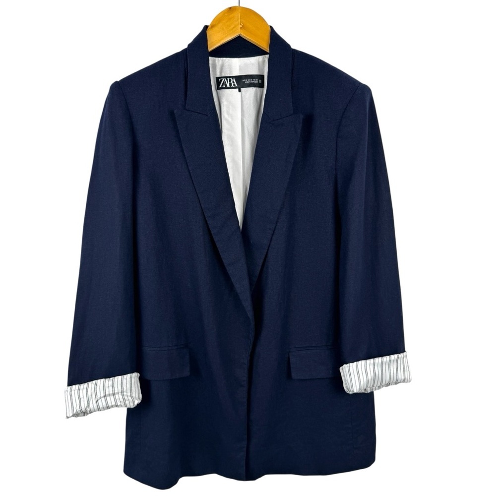 Zara Navy Blue Linen Blend Open Front Blazer Jacket Size Medium Striped Lining - Picture 2 of 16